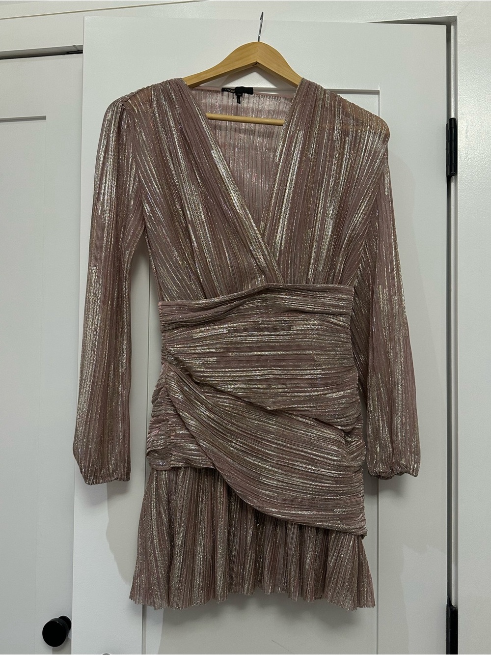 Maje Rose Metallic Long Sleeve Wrap-Style Mini Dress (Size 40, more like a 36-38